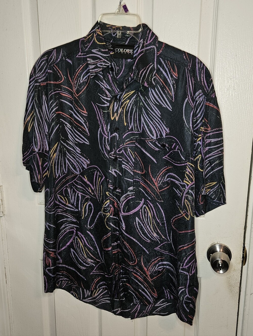 vintage colore italia 100% silk Shirt Men Short Sleeve Button Up Medium BLACK